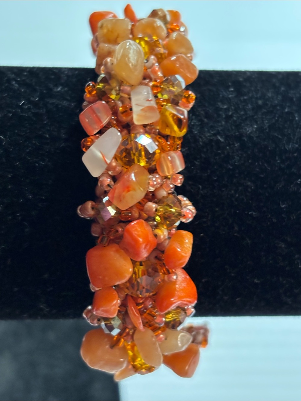 Cluster Orange Carnelian Gemstone + Tiny Plastic Beaded Halloween Colors Bracele